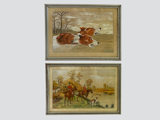 Vintage Fox Hunting Horse And Hounds Paintings, Set of 2 Original Artwork