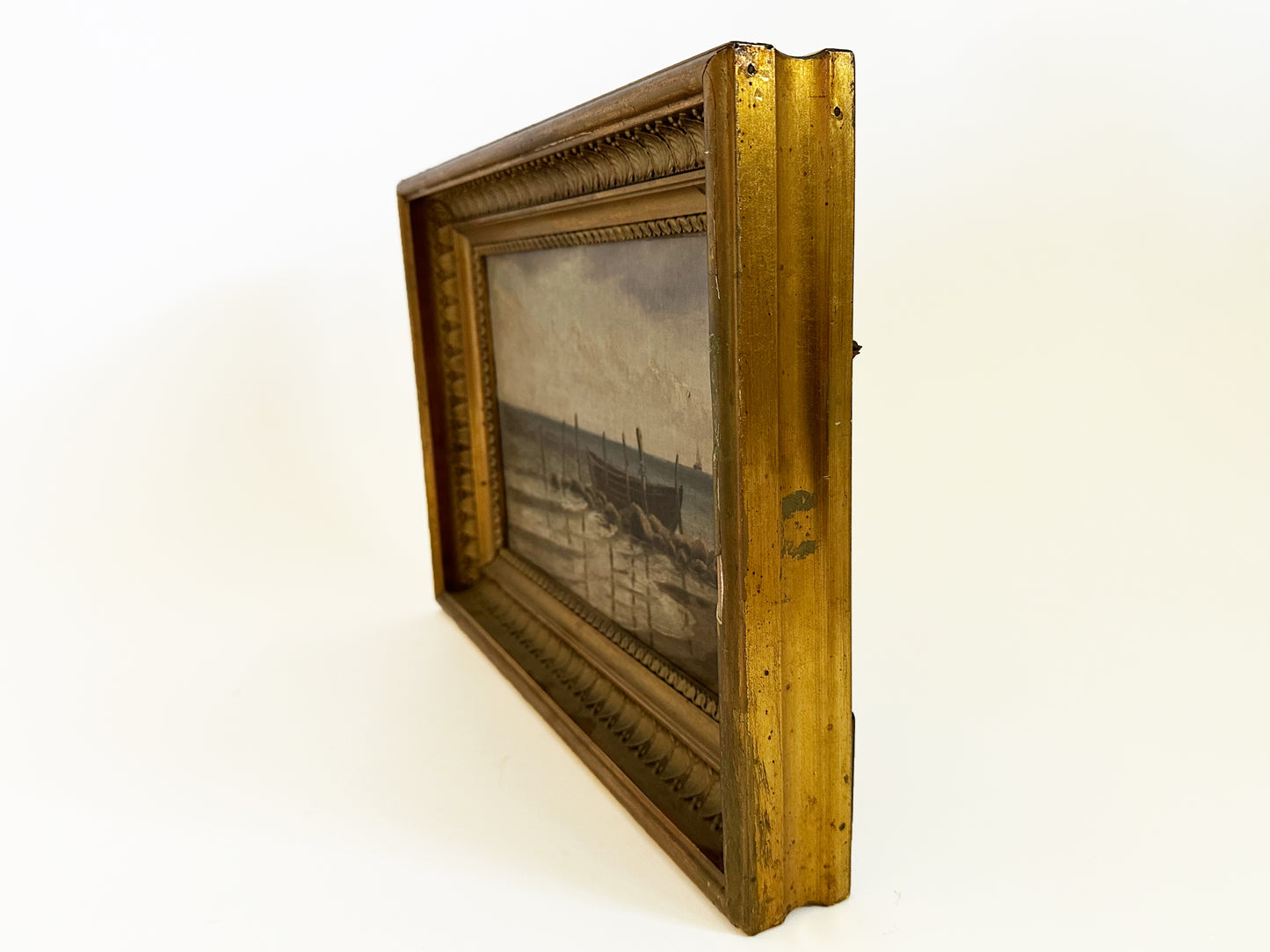 Antique Coastal Landscape Oil Painting, 1910 Original Artwork in Antique Gold Frame