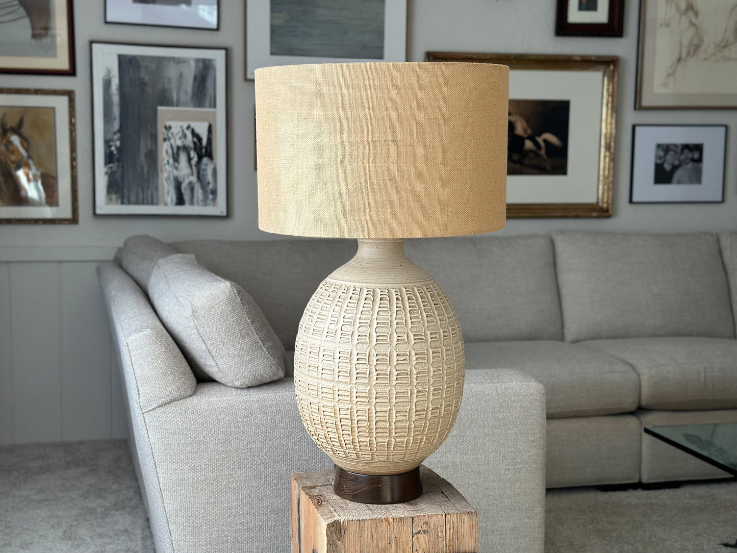 1960s Bob Kinzie Mid Century Modern Beige Monumental Pottery Table Lamps - Set of 2