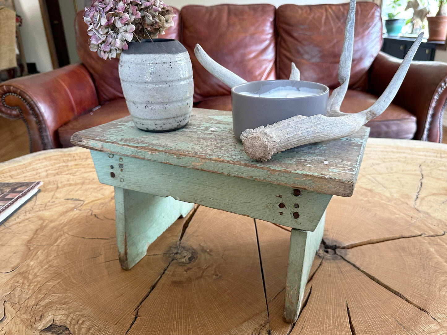 Green Primitive Stool, 1940's Vintage Milking Stool