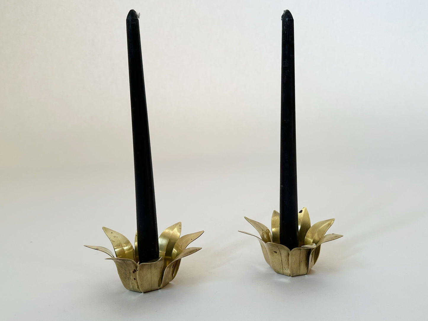 1960s Vintage Swedish Mid-Century Modern Brass Lotus Flower Candlestick Holders Set of 2