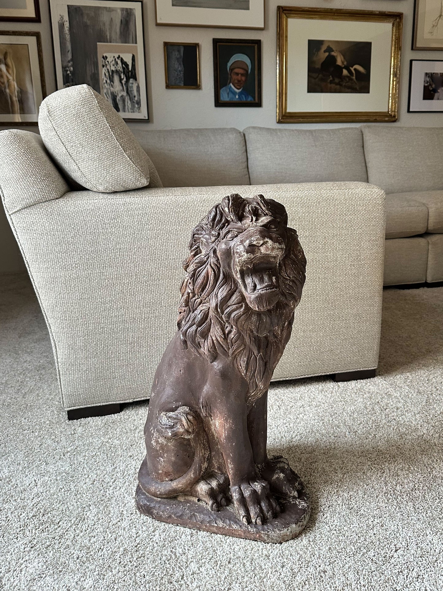 1950s Vintage Distressed Folk Art Concrete Lion Garden Statue