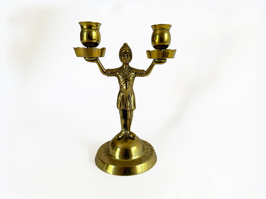 Vintage Candelabra With Soldiers Mid Century Roman Statue Taper Candle Holder For Unique Shelf Table Or Mantle Decor