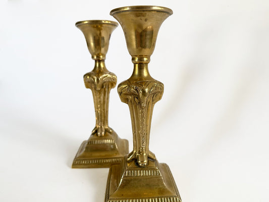 Art Deco Decor Candlestick Holder Vintage Taper Eclectic Brass Ram Head And Feet Column Style Design