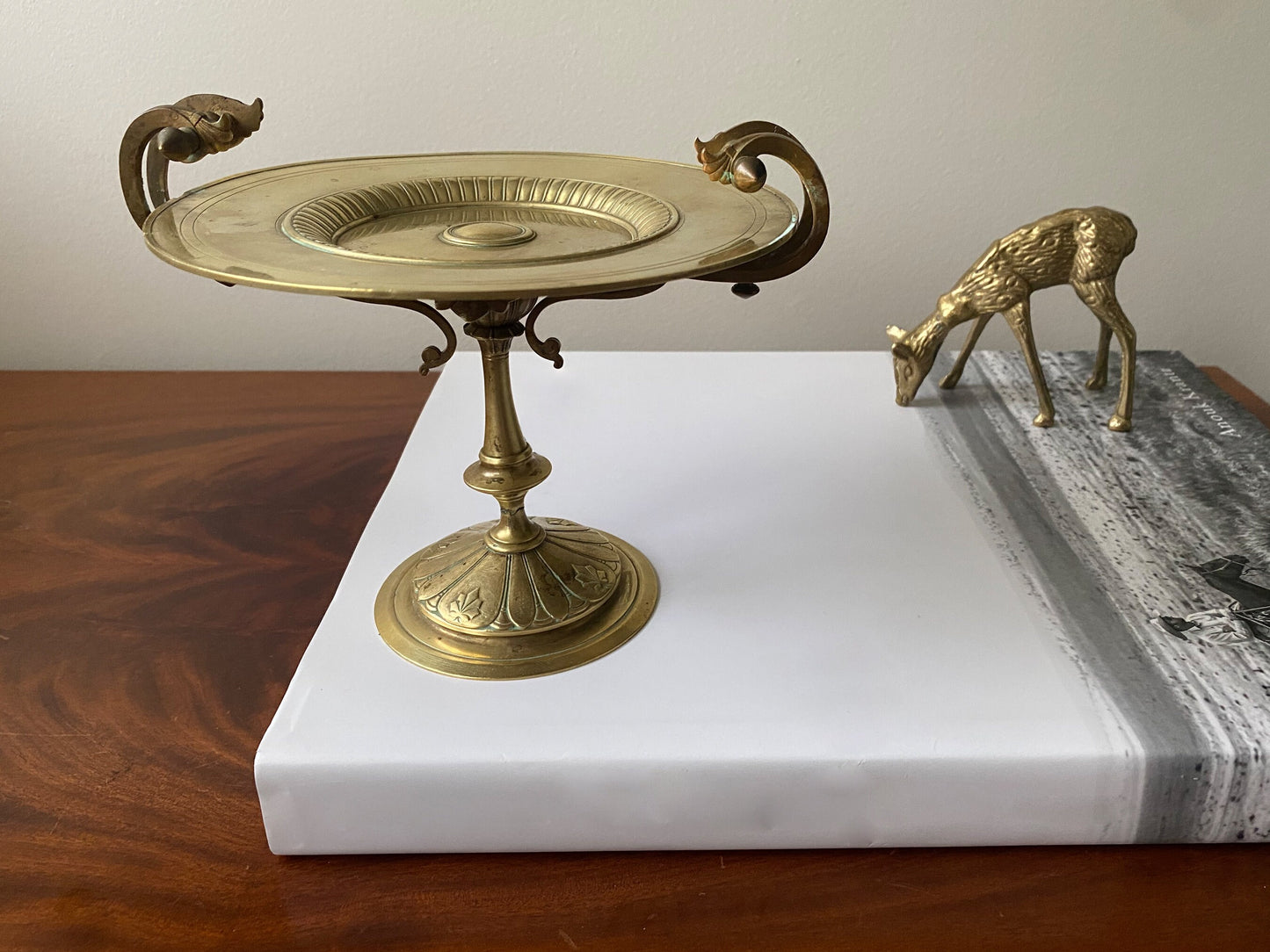 Jewelry Dish Stand Vintage Mid Century Ornate Victorian Style Brass Tazza Dish For Shelf Table Mantle Bathroom Decor