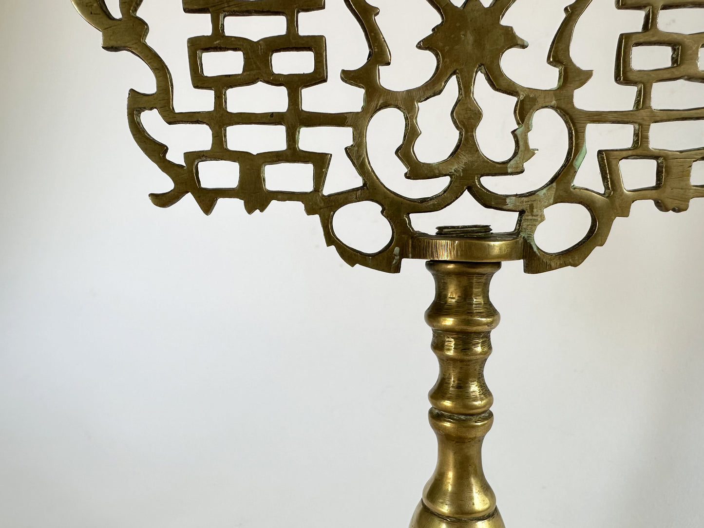 Vintage Brass Candlestick Candelabra Holder with Floral and Botanical Design Etching and Lattice Design For Taper Candles