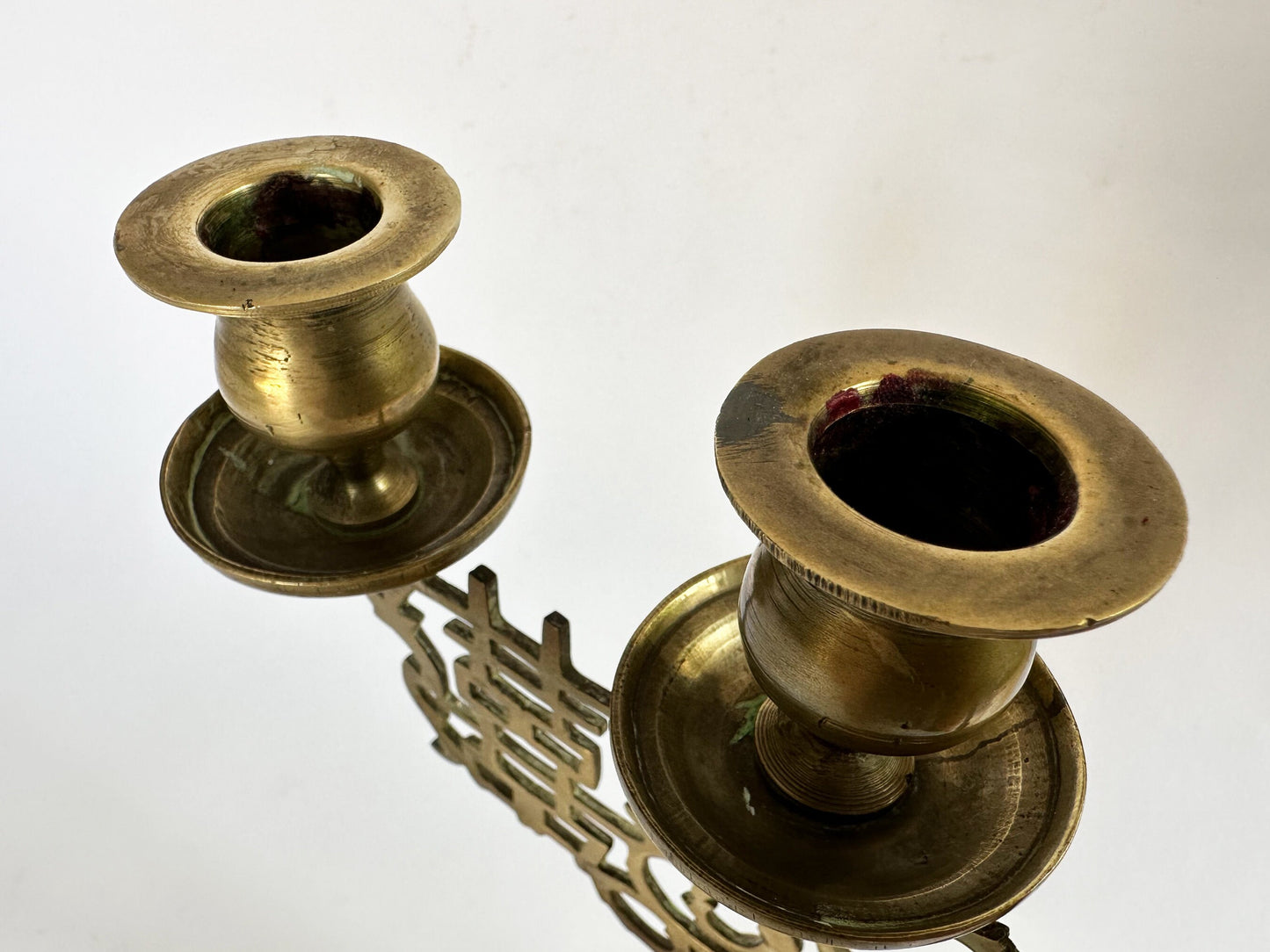 Vintage Brass Candlestick Candelabra Holder with Floral and Botanical Design Etching and Lattice Design For Taper Candles