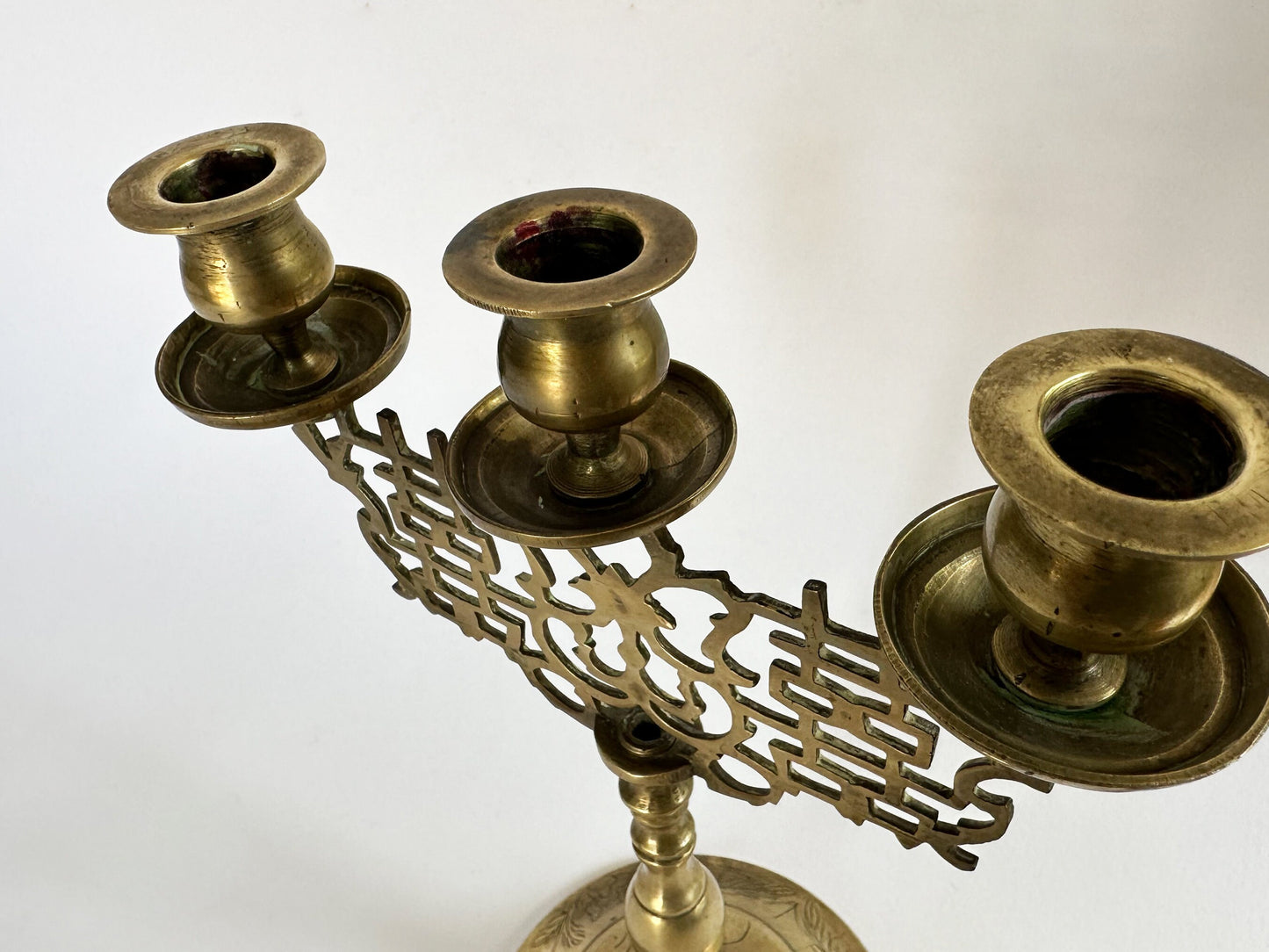 Vintage Brass Candlestick Candelabra Holder with Floral and Botanical Design Etching and Lattice Design For Taper Candles