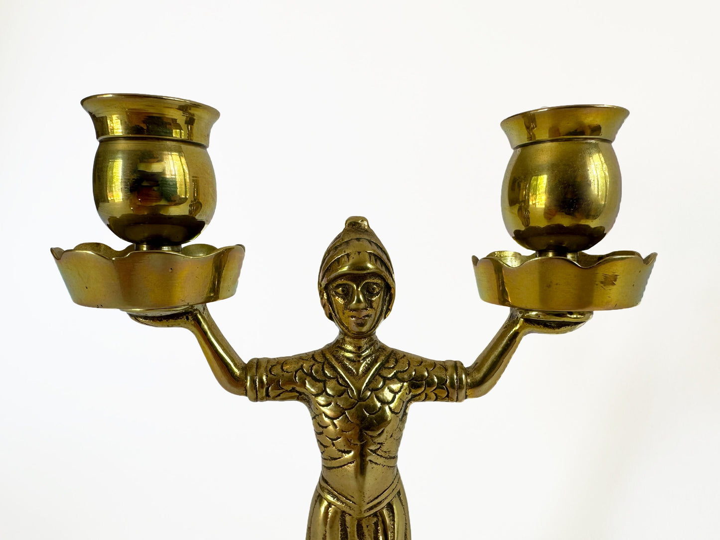 Vintage Candelabra With Soldiers Mid Century Roman Statue Taper Candle Holder For Unique Shelf Table Or Mantle Decor