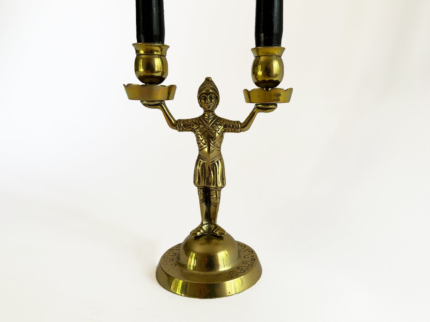 Vintage Candelabra With Soldiers Mid Century Roman Statue Taper Candle Holder For Unique Shelf Table Or Mantle Decor