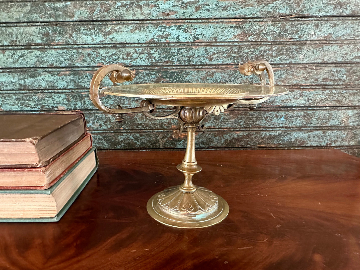 Jewelry Dish Stand Vintage Mid Century Ornate Victorian Style Brass Tazza Dish For Shelf Table Mantle Bathroom Decor