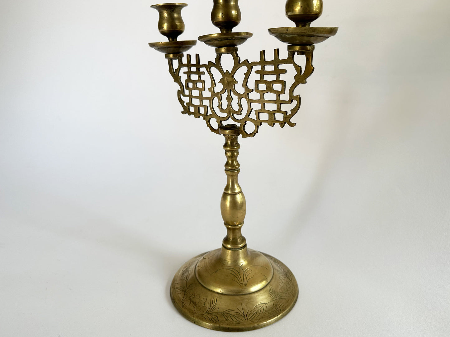 Vintage Brass Candlestick Candelabra Holder with Floral and Botanical Design Etching and Lattice Design For Taper Candles