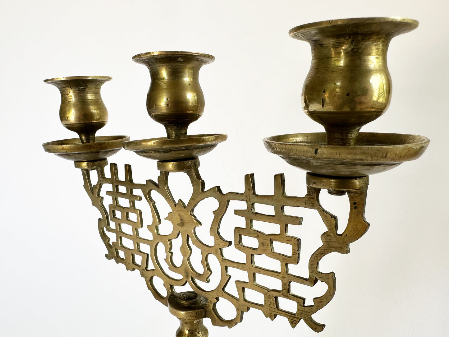 Vintage Brass Candlestick Candelabra Holder with Floral and Botanical Design Etching and Lattice Design For Taper Candles