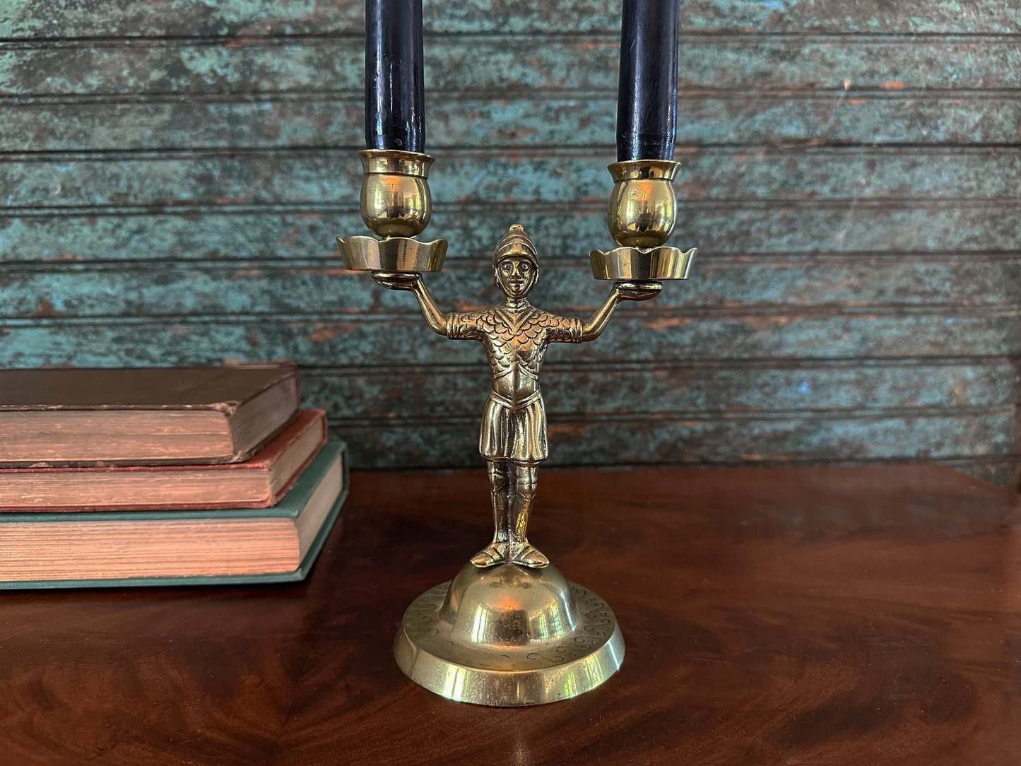 Vintage Candelabra With Soldiers Mid Century Roman Statue Taper Candle Holder For Unique Shelf Table Or Mantle Decor