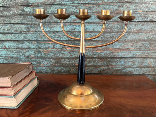 Candelabra Gold Vintage Mid Century Swedish Modern Candlestick Holder Brass and Wood Made in Sweden by O.H. Lagerstedt