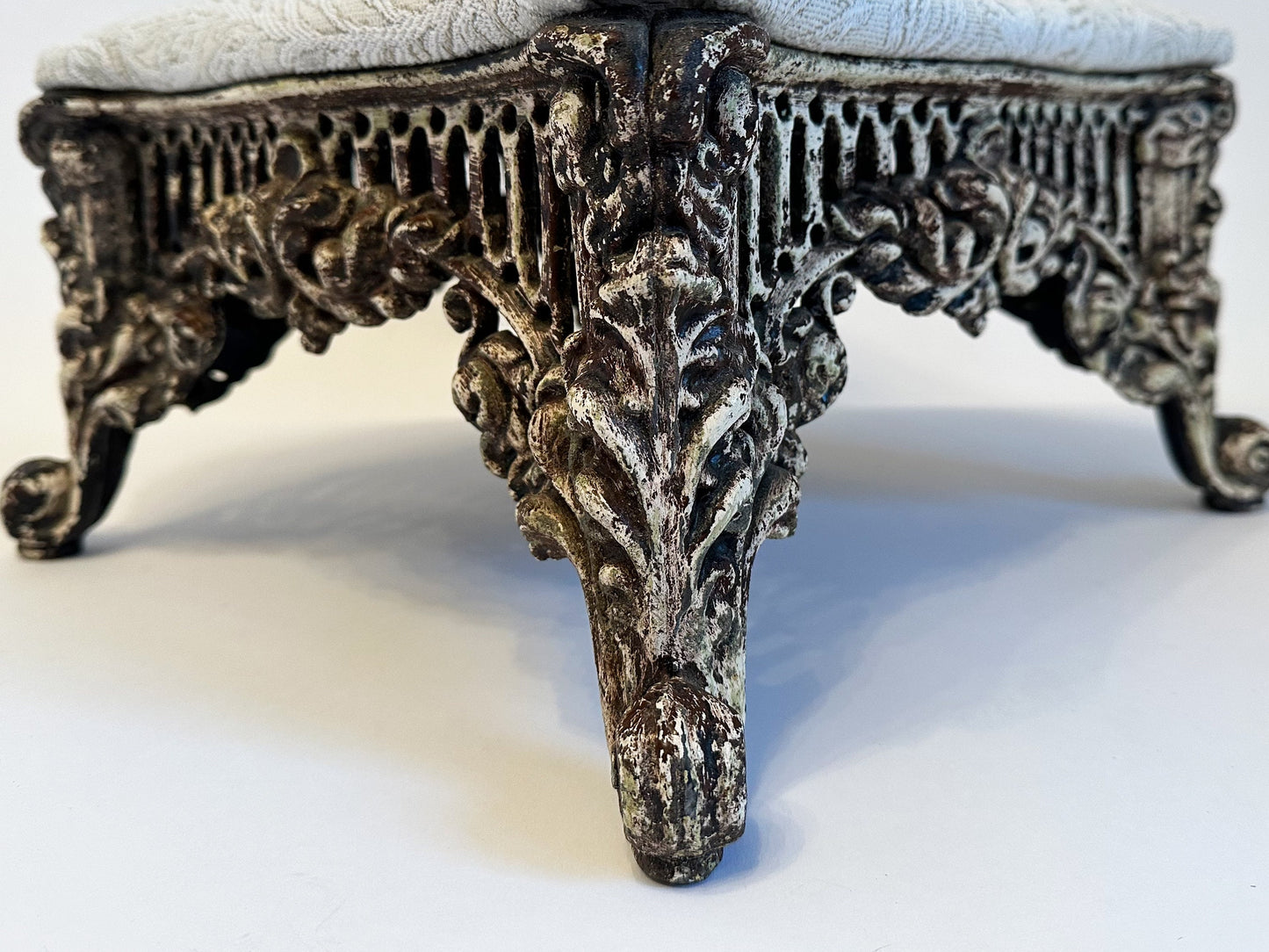 Vintage Footstool Cast Iron Foot Stool Ornate Victorian Louis XV Style Metal Ottoman Victorian Decor Botanical Upholstered Footrest