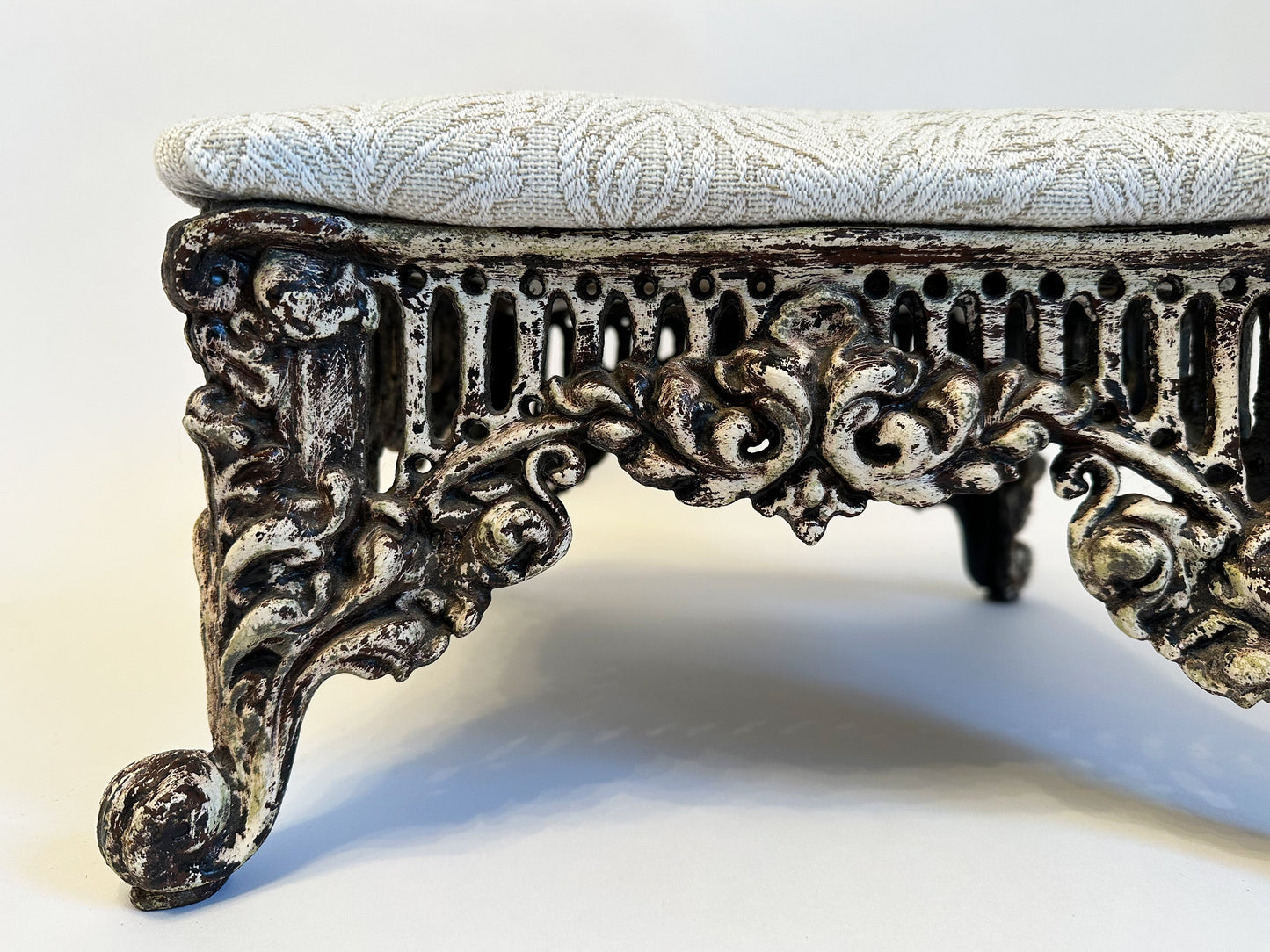 Vintage Footstool Cast Iron Foot Stool Ornate Victorian Louis XV Style Metal Ottoman Victorian Decor Botanical Upholstered Footrest