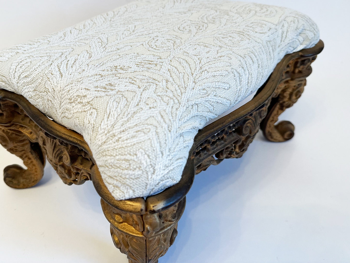 Vintage Footstool Cast Iron Foot Stool Ornate Victorian Louis XV Style Metal Ottoman Victorian Decor Botanical Upholstered Footrest
