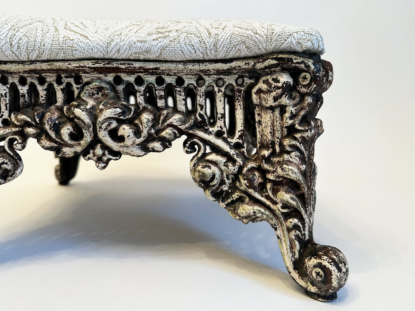 Vintage Footstool Cast Iron Foot Stool Ornate Victorian Louis XV Style Metal Ottoman Victorian Decor Botanical Upholstered Footrest