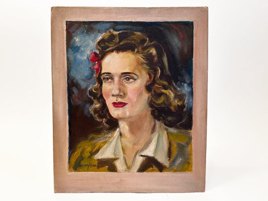 Woman Portrait Painting Vintage, Female Portrait Original 1940 Mid Century Wall Artwork MCM Oil Painting