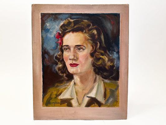 Vintage Female Portrait Painting, 1940s Mid Century Portrait Art