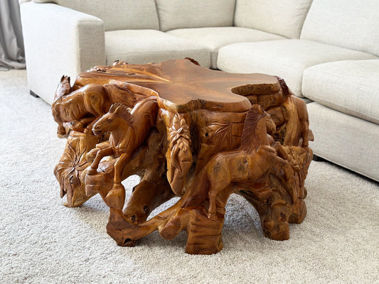 Carved Horse Table Vintage Teak Root Equestrian Table, Stunning Horse Statement Table, Eclectic Horse Coffee Table, Hand Carved Wood Table