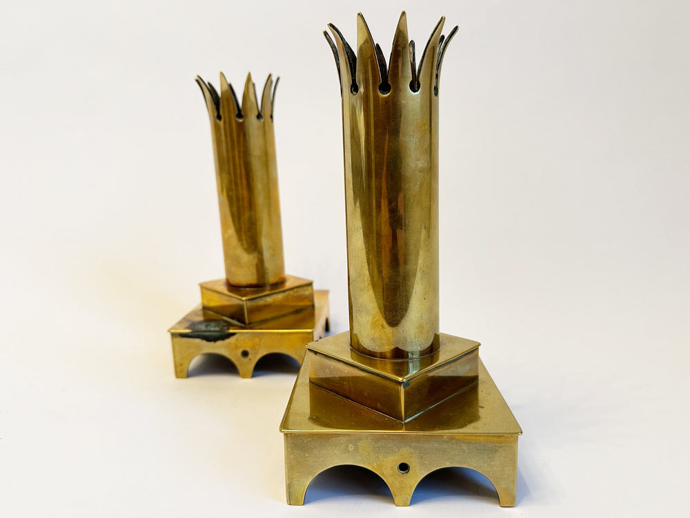 Vintage Pillar Candle Holder Pair, Trench Art, Crown Medieval Decor Vintage WWI WWII Memorabilia, Vintage Candle Holder, War Candle Holder