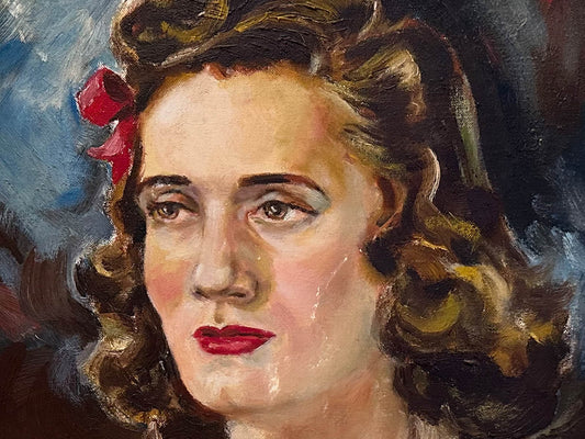 Woman Portrait Painting Vintage, Female Portrait Original 1940 Mid Century Wall Artwork MCM Oil Painting
