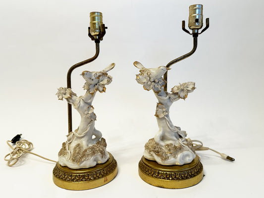 Vintage Bird Lamps Pair of Porcelain Birds and Botanical Lamps Early 20th Century Table Lamps, white bird lamp, vintage lamps with birds