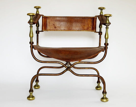 Antique Chair, 19th Century Savonarola Chair, Boho Leather Antique Gothic Throne Chair Vintage Iron Brass Distressed Bold Statement Piece
