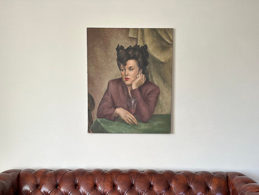 Woman Portrait Painting Vintage, Female Portrait Large Painting Mid Century Artwork, Woman Drinking Wine Large Painting Original