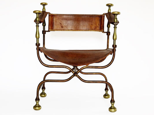 Antique Chair, 19th Century Savonarola Chair, Boho Leather Antique Gothic Throne Chair Vintage Iron Brass Distressed Bold Statement Piece