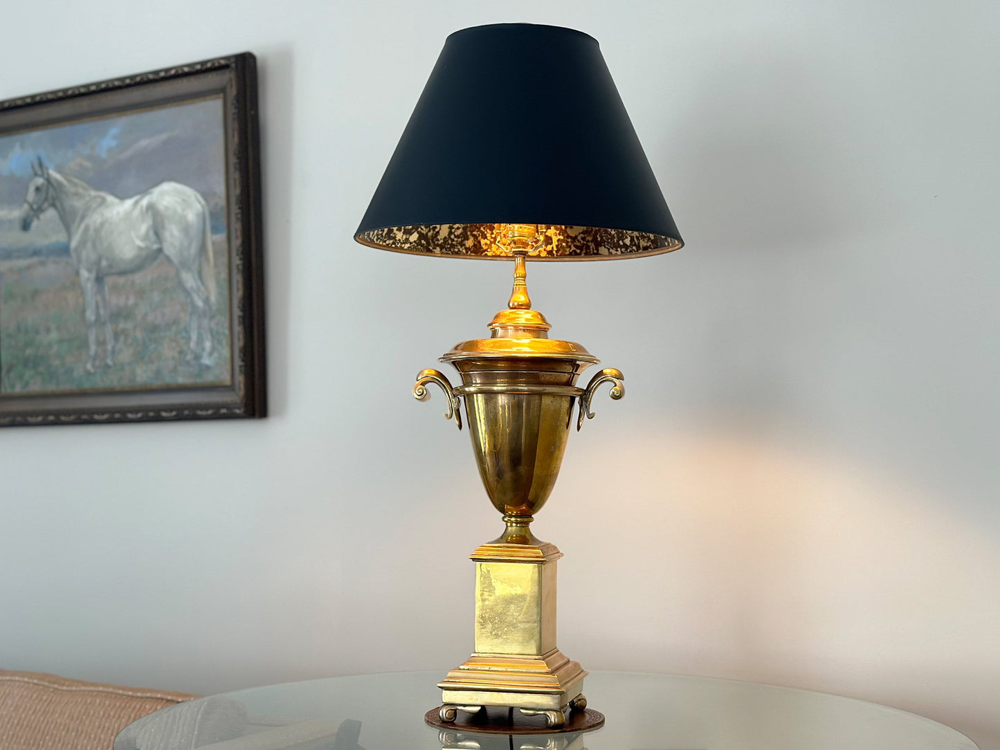 Vintage Chapman Trophy Lamps Brass E.F. Chapman Urn Table Lamps Equestrian Decor Classic Traditional Neoclassical 1990s Designer Decor