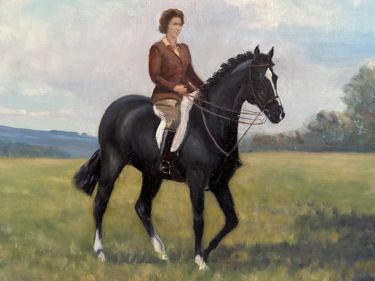 Vintage Horse Painting, Queen Elizabeth Equestrian Portrait, Pam Dobbs 1966