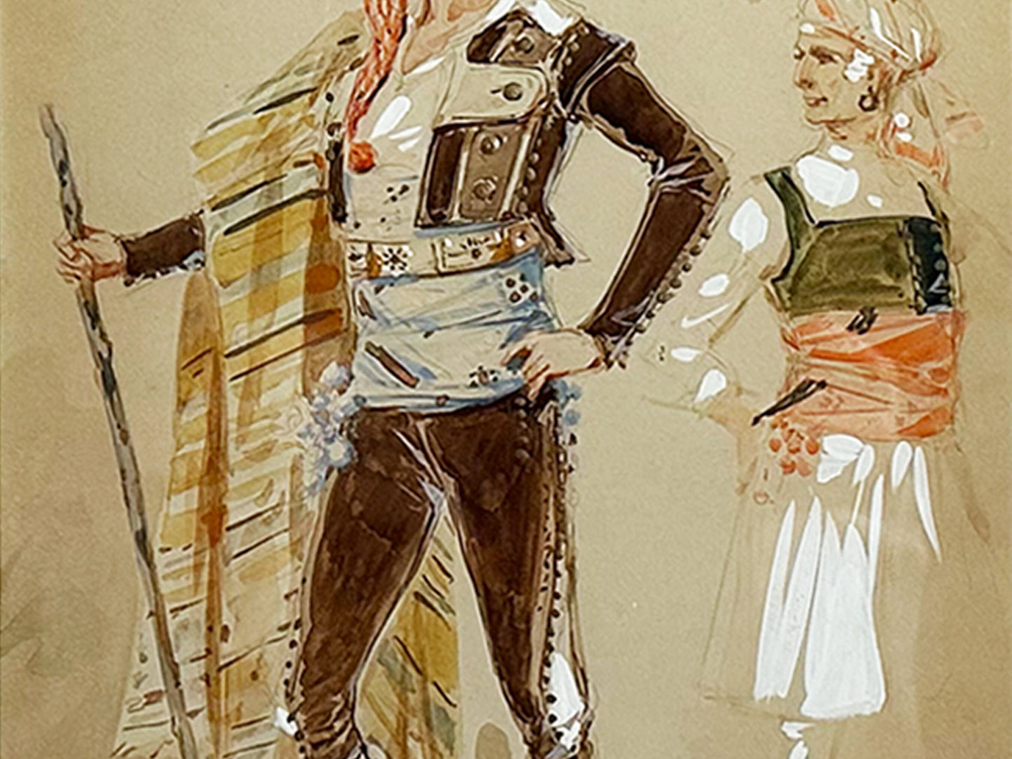 Alfredo Edel Watercolor Original Art, Antique Costume Design Watercolor Painting