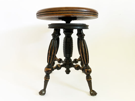 Piano Bench Stool Victorian Decor Antique Furniture Primitive Antiques Vintage Stool Wood Patina Finish and Brass With Glass Clawfoot Feet