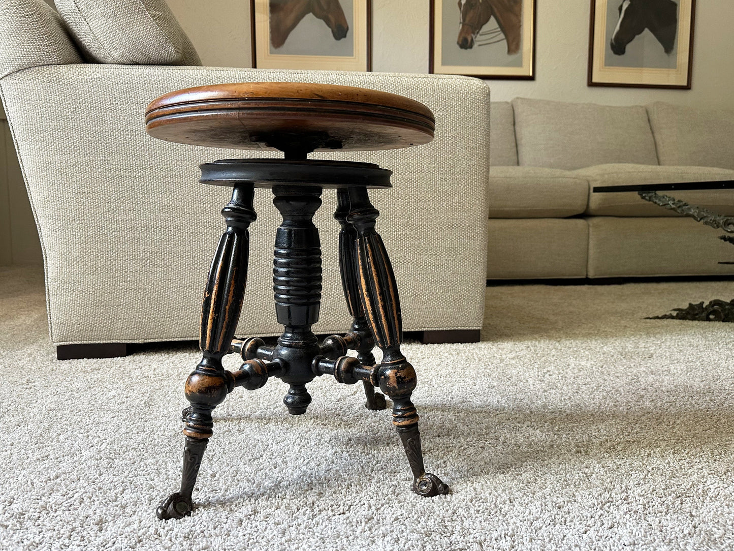 Piano Bench Stool Victorian Decor Antique Furniture Primitive Antiques Vintage Stool Wood Patina Finish and Brass With Glass Clawfoot Feet