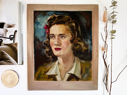 Vintage Female Portrait Painting, 1940s Mid Century Portrait Art