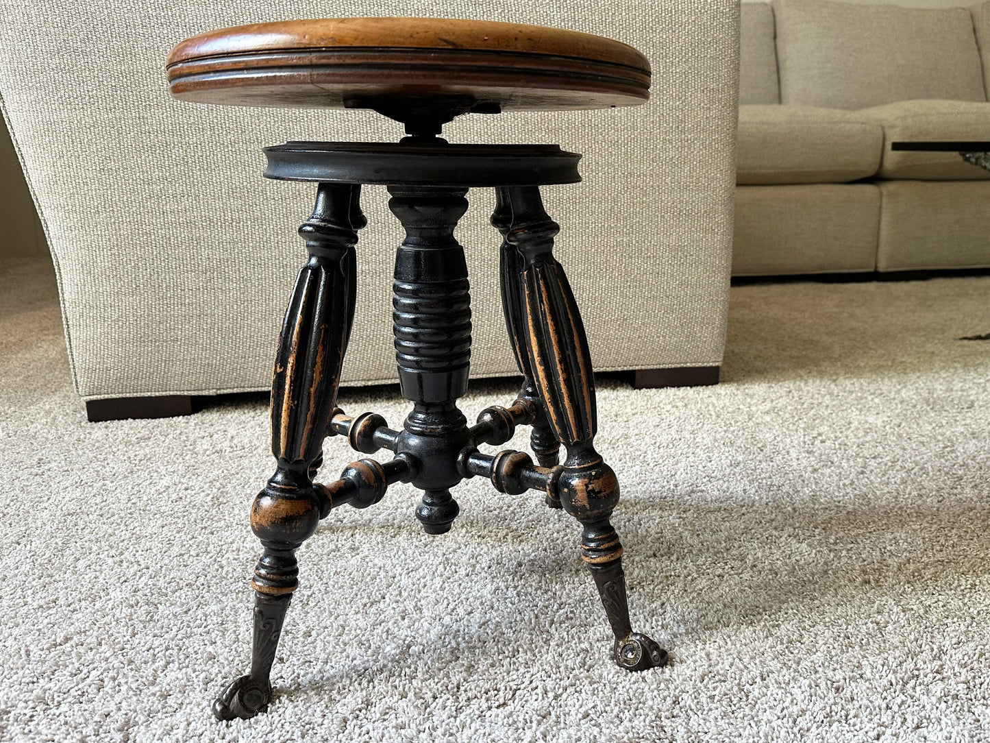 Piano Bench Stool Victorian Decor Antique Furniture Primitive Antiques Vintage Stool Wood Patina Finish and Brass With Glass Clawfoot Feet