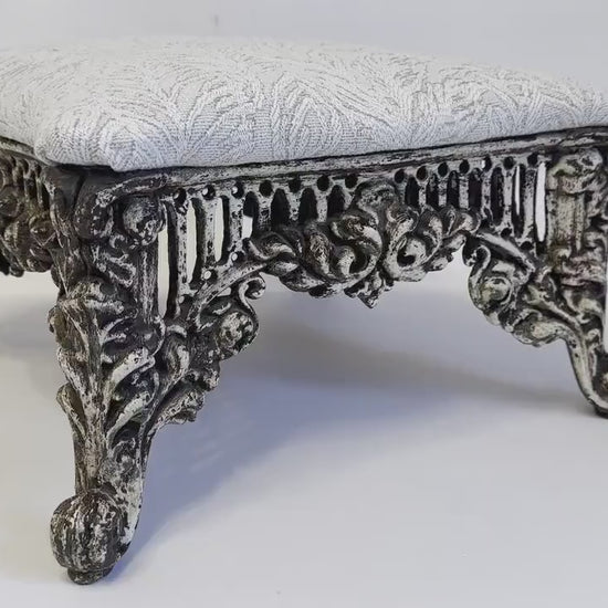 Vintage Footstool Cast Iron Foot Stool Ornate Victorian Louis XV Style Metal Ottoman Victorian Decor Botanical Upholstered Footrest