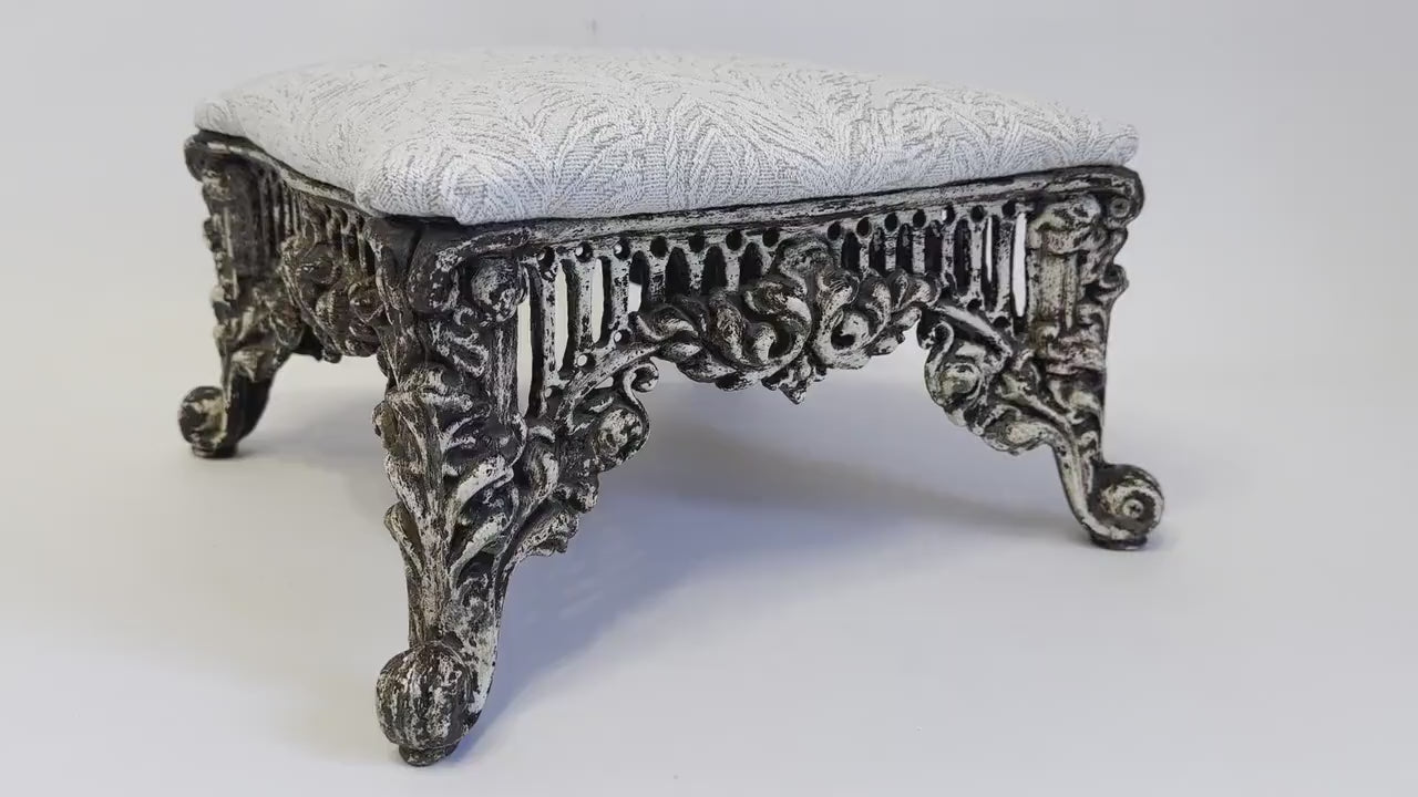 Vintage Footstool Cast Iron Foot Stool Ornate Victorian Louis XV Style Metal Ottoman Victorian Decor Botanical Upholstered Footrest