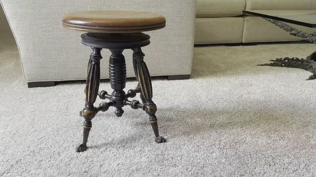 Piano Bench Stool Victorian Decor Antique Furniture Primitive Antiques Vintage Stool Wood Patina Finish and Brass With Glass Clawfoot Feet